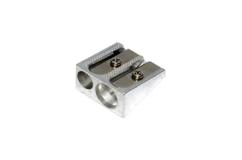 Metalic pen sharpener with isolated white background close-up, sergiev posad, 스톡 사진