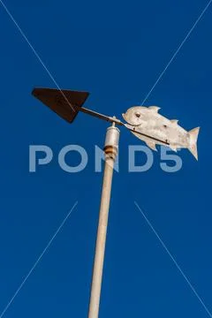 Metalic vane with the shape of a fish with a clean blue sky background Stock Photos