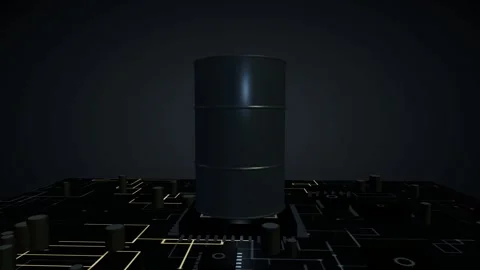 Metallic 3D barrel model slowly rotating on a glowing futuristic circuit board Видео 340049461