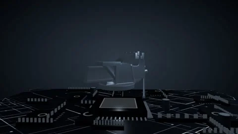 Metallic 3D bench vice model slowly rotating on a glowing futuristic circuit Stock Footage 340049573