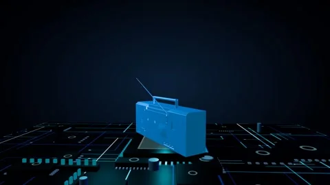 Metallic 3D boombox model slowly rotating on a glowing futuristic circuit board Stock Footage 340049685