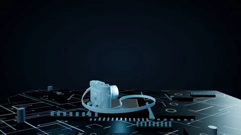 Metallic 3D camera model slowly rotating on a glowing futuristic circuit board Stock Footage 340049795