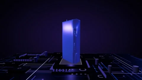 Metallic 3D cassette player model slowly rotating on a glowing futuristic Stockbeeldmateriaal 340049818