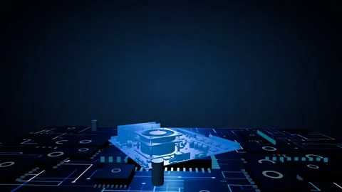 Metallic 3D circuit board model slowly rotating on a glowing futuristic circuit Stock Footage 340049997