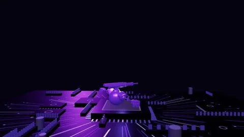Metallic 3D combat robot model slowly rotating on a glowing futuristic circuit Stock Footage 340050914