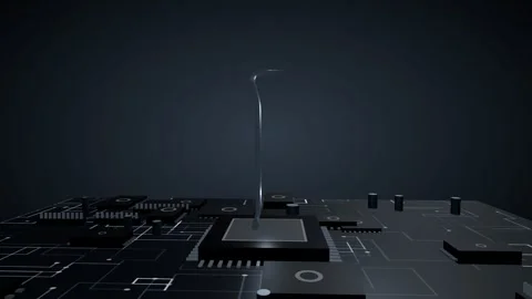 Metallic 3D crowbar model slowly rotating on a glowing futuristic circuit board Stock Footage 340050098