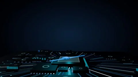 Metallic 3D digital watch model slowly rotating on a glowing futuristic circuit Stock Footage 340050184