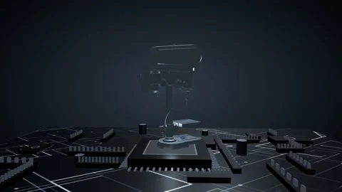 Metallic 3D drill press model slowly rotating on a glowing futuristic circuit Stock Footage 340050268