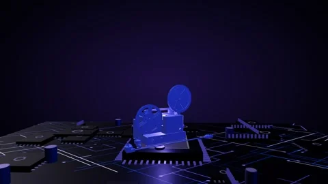 Metallic 3D film projector model slowly rotating on a glowing futuristic Stock Footage 340050298