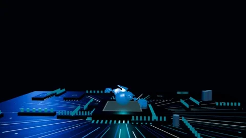 Metallic 3D flying robot model slowly rotating on a glowing futuristic circuit Stock Footage 340051110