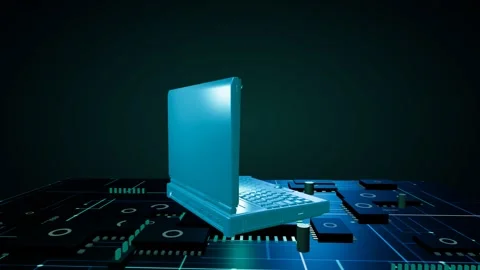 Metallic 3D laptop model slowly rotating on a glowing futuristic circuit board Stock Footage 340050015
