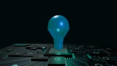 Metallic 3D led bulb model slowly rotating on a glowing futuristic circuit board Stock Footage 340050470