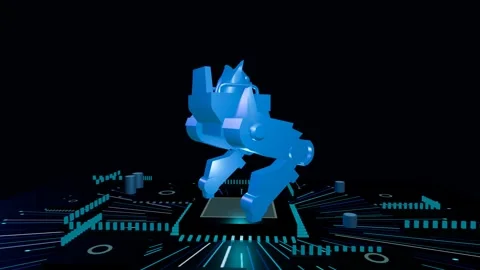 Metallic 3D mech robot model slowly rotating on a glowing futuristic circuit Stockbeeldmateriaal 340051145