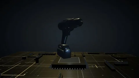Metallic 3D power drill model slowly rotating on a glowing futuristic circuit Видео 340050185