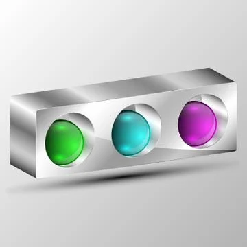 Metallic 3d rectangle in perspective with multi colored spheres inside. Stock Illustration
