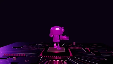 Metallic 3D robot model slowly rotating on a glowing futuristic circuit board Stock Footage 340050877