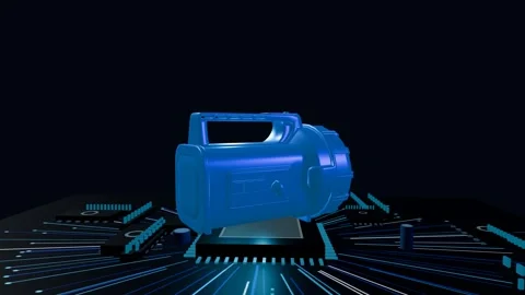Metallic 3D searchlight model slowly rotating on a glowing futuristic circuit Video stock 340050769