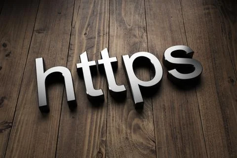 Metallic 3d text https sign on a wooden panel Stock Photos