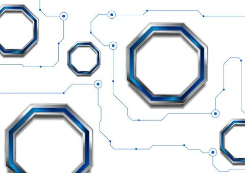 Metallic and blue glossy octagons and connection lines technology background Stock Illustration