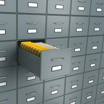 Metallic Archive Rack with One Open Drawer Full of Yellow Document Folders, F Stock Illustration