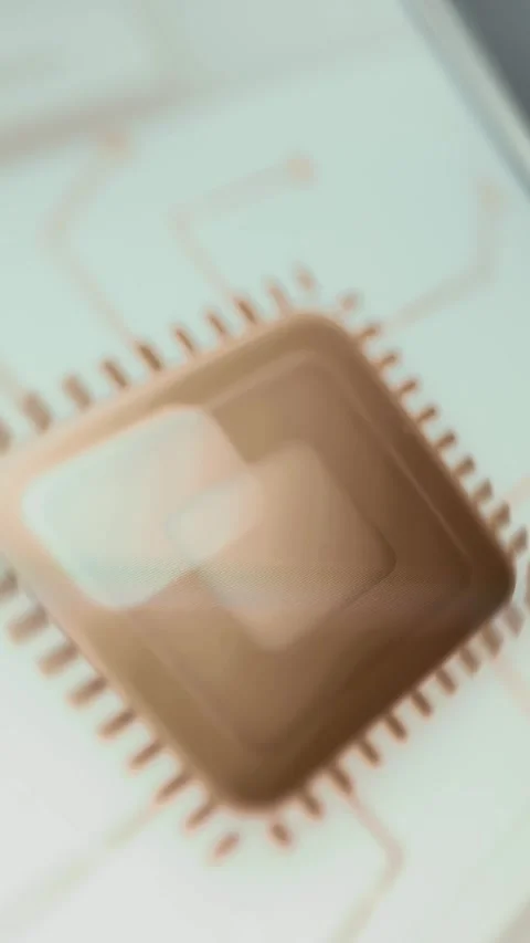 Metallic artificial intelligence processor connected to fine circuit traces Video stock 342489714