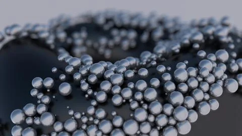 Metallic balls on black surface. Abstract illustration, 3d render, close-up. Stock Illustration