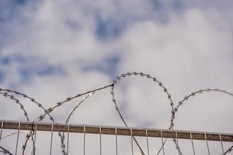 Metallic barbed wire with sharp coils against pale sky Stockfoto's
