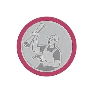 Metallic builder carpenter holding hammer building plan retro Ilustración de archivo