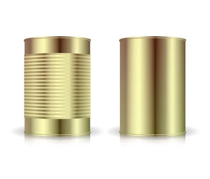 Metallic Cans Vector Set. Gold Tin Can. Blank For Your Design. Realistic Empty Stock Illustration