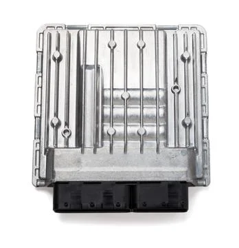 Metallic car engine control unit with plastic elements on a white isolated ba Stock Photos