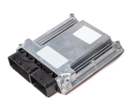 Metallic car engine control unit with plastic elements on a white isolated ba 스톡 사진