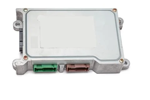 Metallic car engine control unit with plastic elements on a white isolated ba 스톡 사진