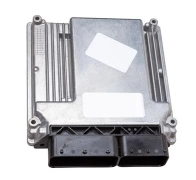 Metallic car engine control unit with plastic elements on a white isolated ba Stock Photos