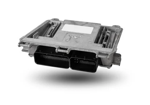 Metallic car engine control unit with plastic elements soaring on a white iso Stock Photos