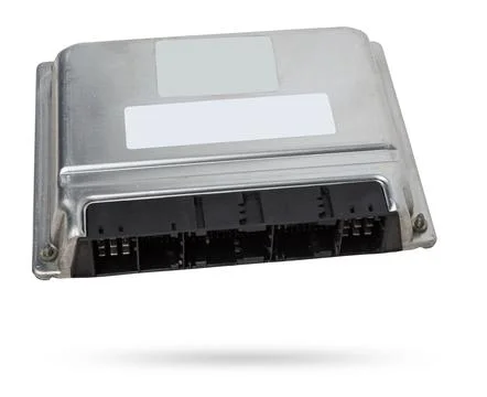 Metallic car engine control unit with plastic elements soaring on a white i.. Foto stock