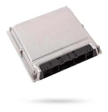 Metallic car engine control unit with plastic elements soaring on a white i.. 스톡 사진