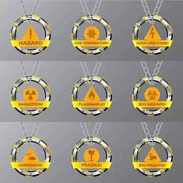 Metallic caution signs hanging on chains Illustrazione stock