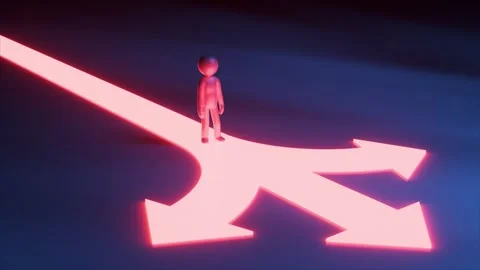 Metallic character standing on a glowing path reaching a crossroads with three Stock Footage 306458093