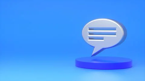 Metallic chat bubble dialogue sign on a dark blue podium on a blue background Illustrazione stock
