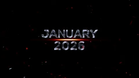 Metallic chrome text design displaying January 2026 with glowing orange lig.. Video stock 343575929