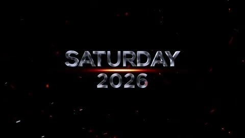 Metallic chrome text design reading Saturday 2026 with glowing orange light.. 库存影片 343575949