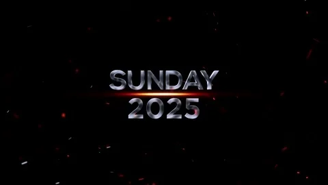 Metallic chrome text design reading Sunday 2025 with glowing light and floa.. Vídeo Stock 343575963