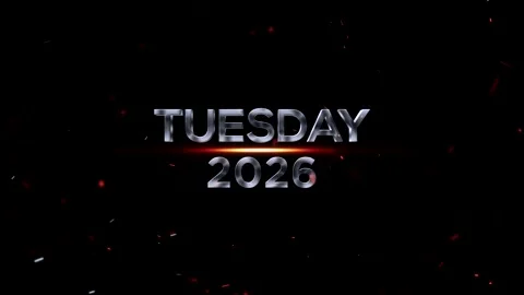 Metallic chrome text showing the day Tuesday and the year 2026 with glowing.. Vídeos de archivo 343576050