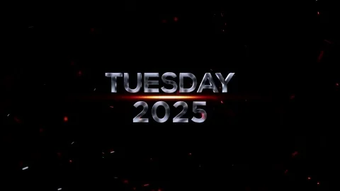 Metallic chrome text Tuesday 2025 with glowing orange light and floating embe Video stock 343576056