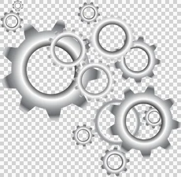 Metallic clock cogwheels isolated on transparent, png. Modern Mechanism Ind.. Stock Illustration