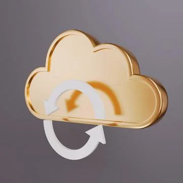 Metallic cloud with a circular arrows symbol, Cloud storage sync and data Illustration