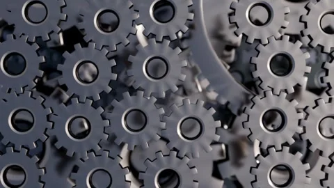 Metallic cogs interlock with depth-mapped precision, 3D mechanical dance. Stock Footage 329399564