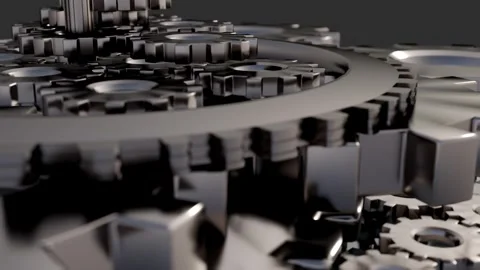Metallic cogs interlock with depth-mapped precision, 3D mechanical dance. Stock Footage 329402079
