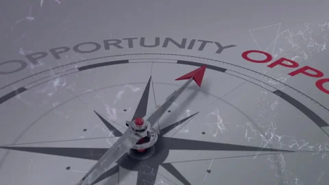 Metallic compass needle pointing toward OPPORTUNITY label, showing 3D render Video stock 309112582