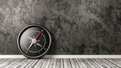 Metallic Compass with Red Magnetic Needle Pointing Toward the North Stock Illustration
